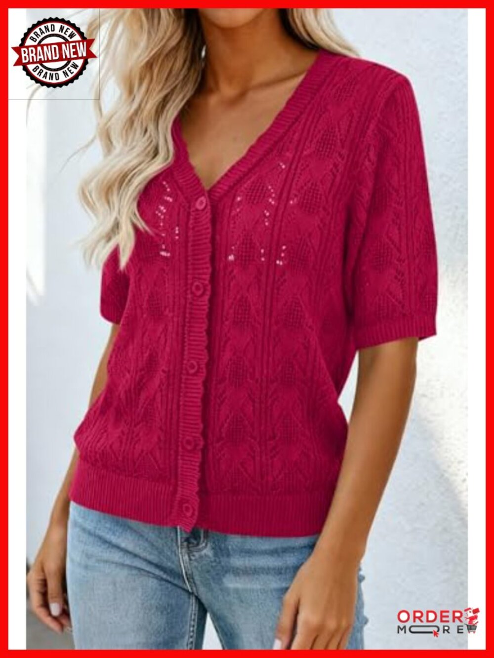 Crochet Knit V Neck Button Up Cardigan Short Sleeve Lightweight - Picture 3 of 6